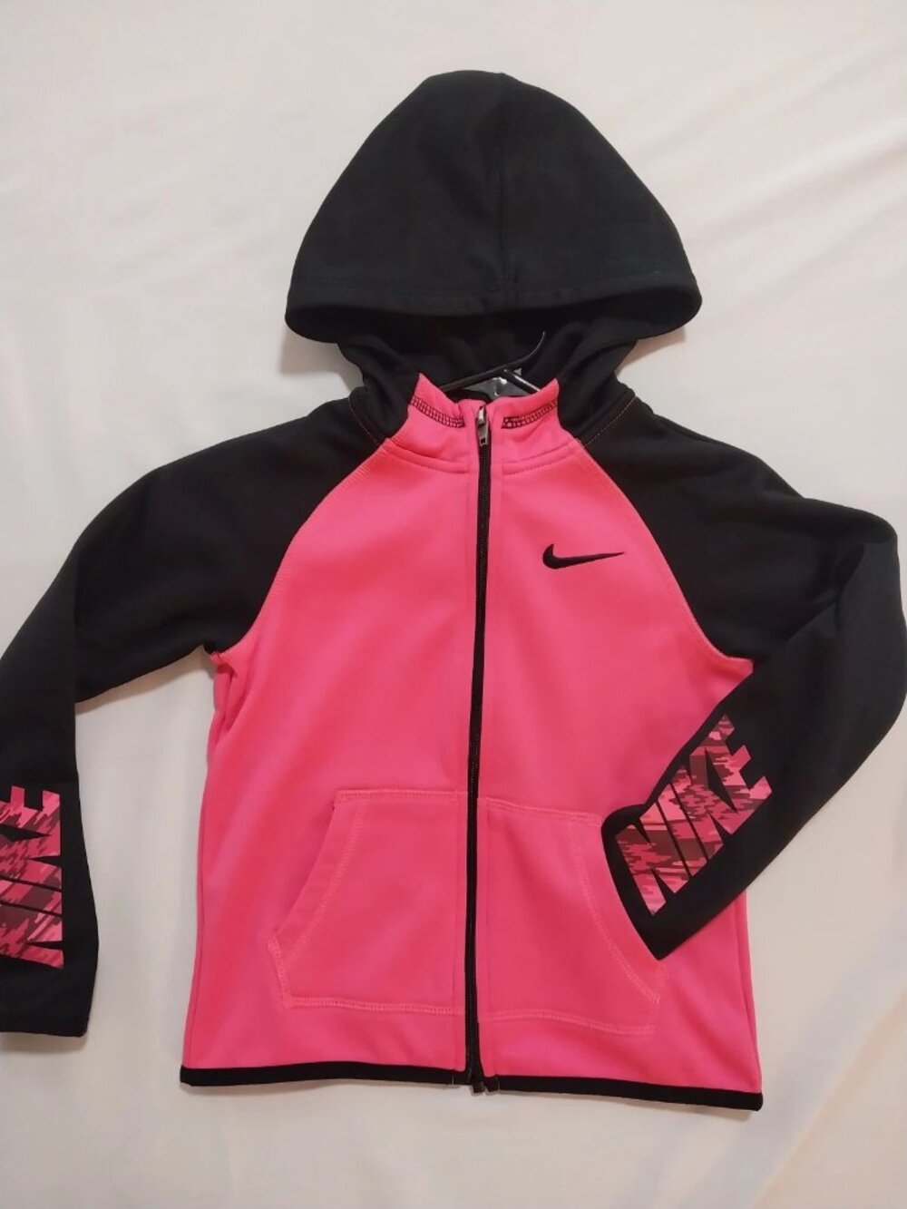 Nike Girls Kids Size L Pink Black Full-Zip Hooded Athletic Jacket Sportswear